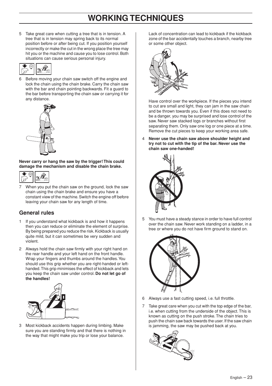 General rules, Working techniques | Husqvarna TAC 345e User Manual | Page 23 / 44