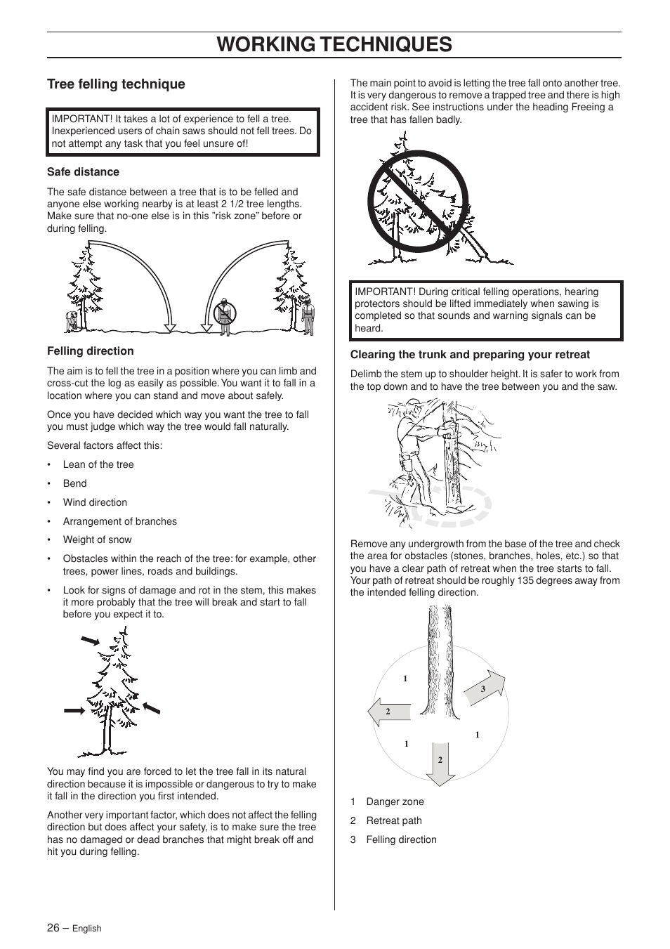 Tree felling technique, Working techniques | Husqvarna TAC 345e User Manual | Page 26 / 44