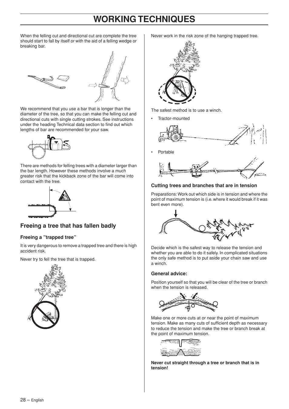 Freeing a tree that has fallen badly, Working techniques | Husqvarna TAC 345e User Manual | Page 28 / 44