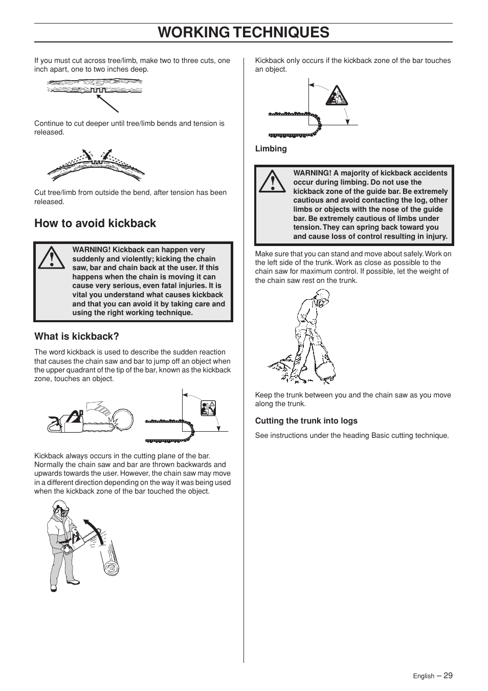 How to avoid kickback, What is kickback, Working techniques | Husqvarna TAC 345e User Manual | Page 29 / 44