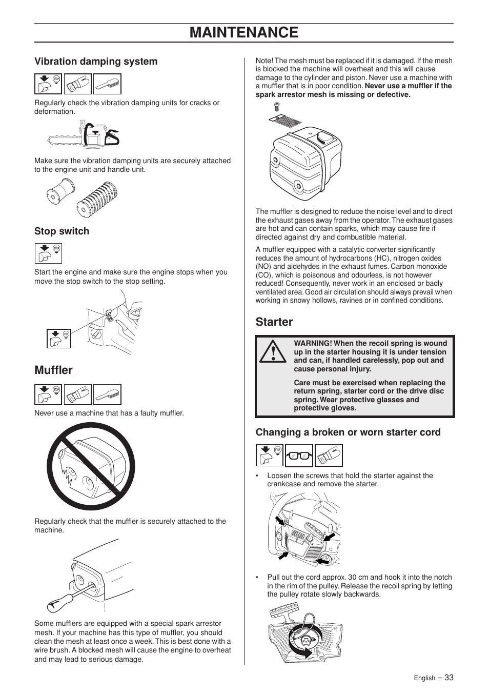 Vibration damping system, Stop switch, Muffler | Starter, Changing a broken or worn starter cord, Maintenance | Husqvarna TAC 345e User Manual | Page 33 / 44