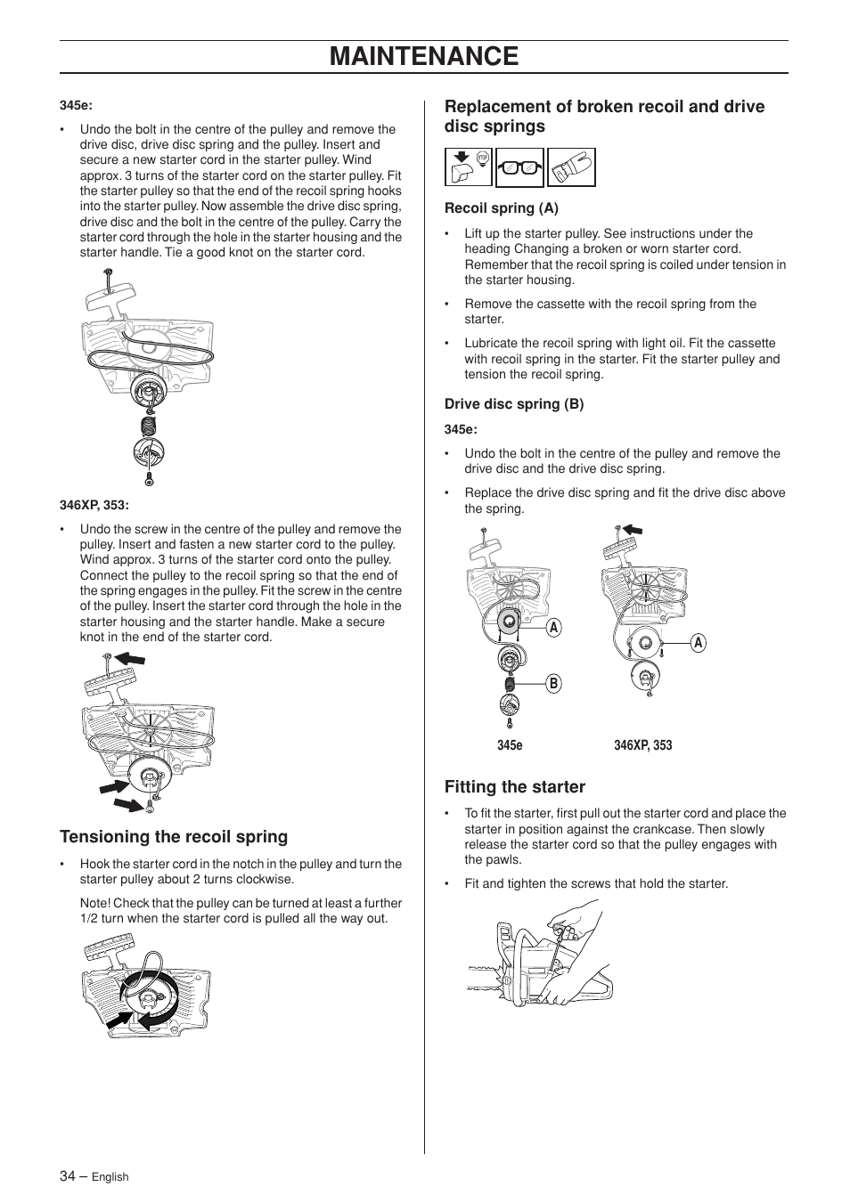 Tensioning the recoil spring, Fitting the starter, Maintenance | Husqvarna TAC 345e User Manual | Page 34 / 44