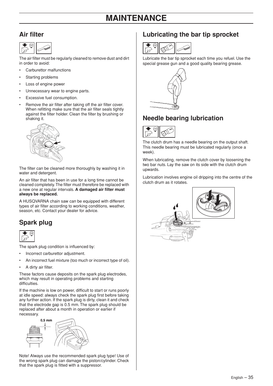 Air filter, Spark plug, Lubricating the bar tip sprocket | Needle bearing lubrication, Maintenance | Husqvarna TAC 345e User Manual | Page 35 / 44