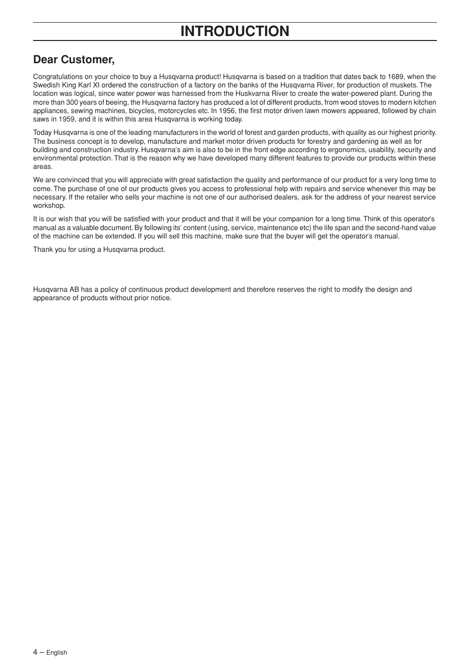 Dear customer, Intr oduction | Husqvarna TAC 345e User Manual | Page 4 / 44
