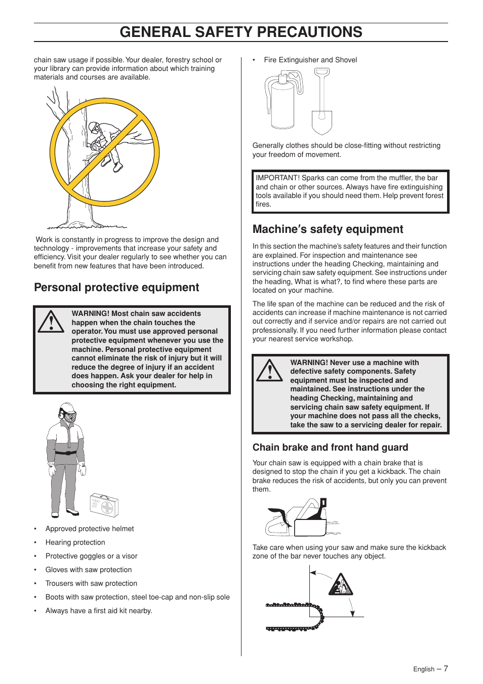 Personal protective equipment, Machine¢s safety equipment, Chain brake and front hand guard | General safety preca utions, P ersonal protective equipment, Mac hine ′′′′ s safety equipment | Husqvarna TAC 345e User Manual | Page 7 / 44