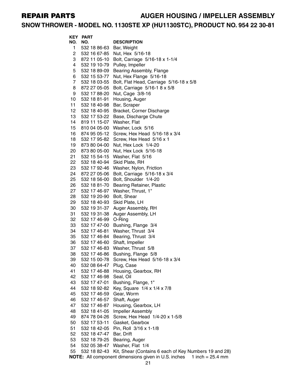 Parts list, Repair parts auger housing / impeller assembly | Husqvarna 1130STE XP User Manual | Page 21 / 32