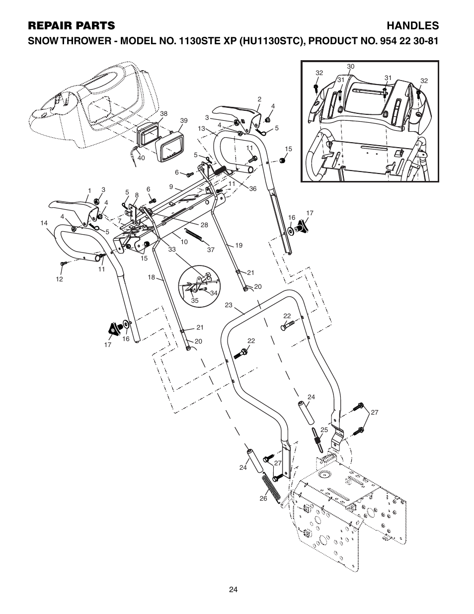 Handles, Repair parts handles | Husqvarna 1130STE XP User Manual | Page 24 / 32