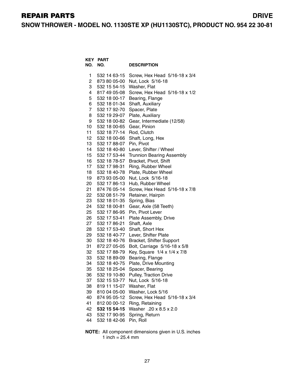 Parts list, Repair parts drive | Husqvarna 1130STE XP User Manual | Page 27 / 32
