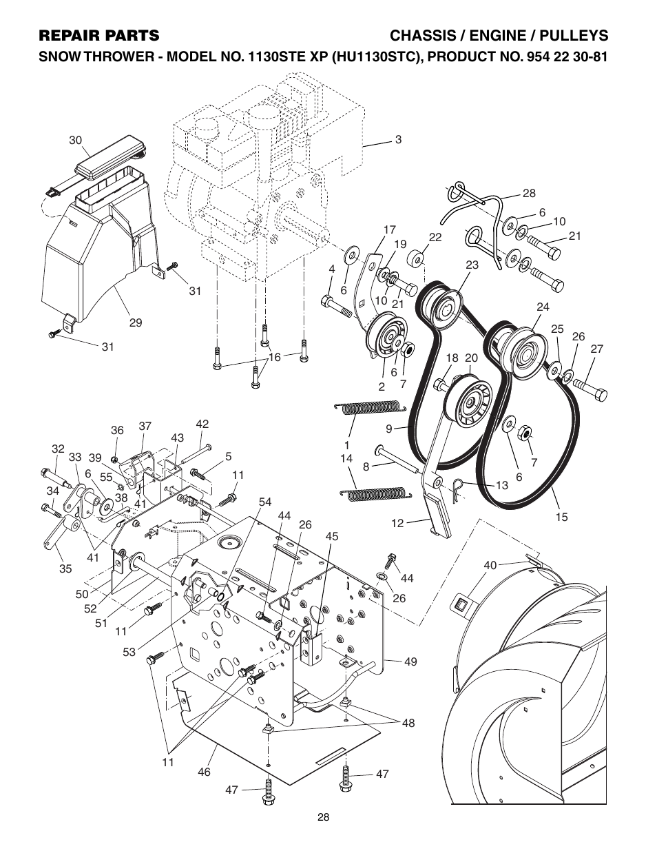 Chassis/ engine/ pulleys, Repair parts chassis / engine / pulleys | Husqvarna 1130STE XP User Manual | Page 28 / 32