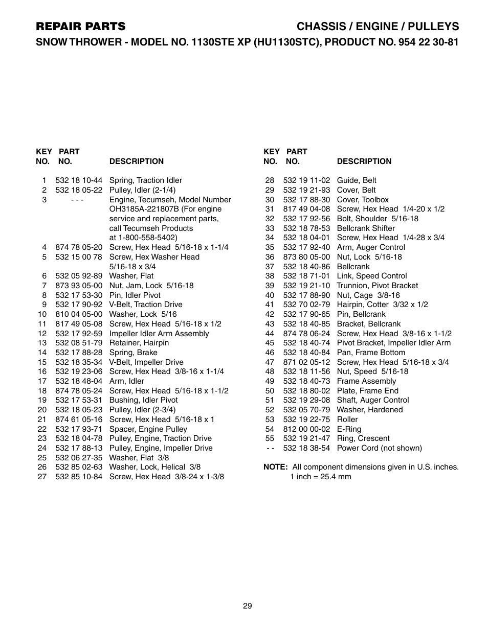 Parts list, Repair parts chassis / engine / pulleys | Husqvarna 1130STE XP User Manual | Page 29 / 32