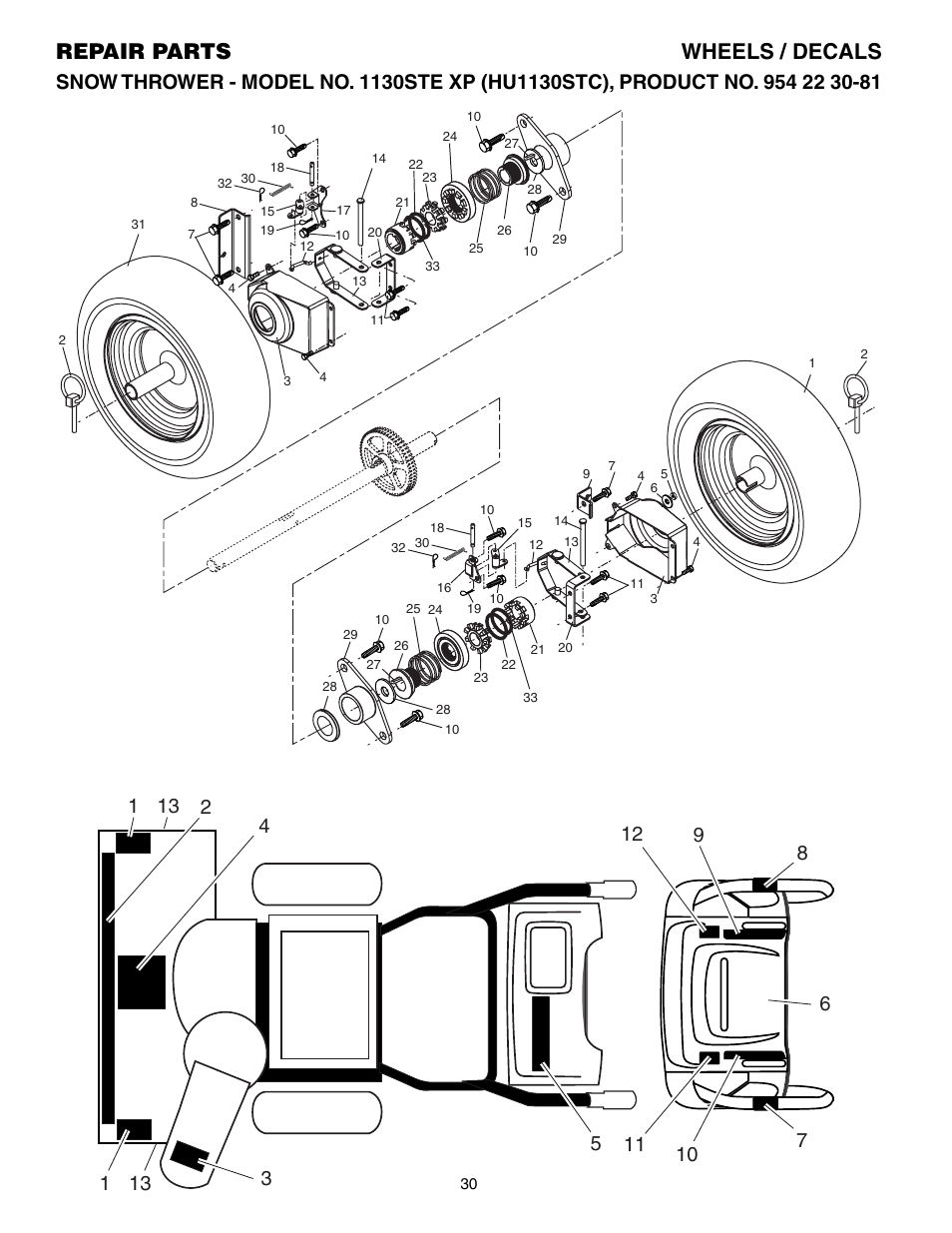 Wheels/ decals, Repair parts wheels / decals | Husqvarna 1130STE XP User Manual | Page 30 / 32