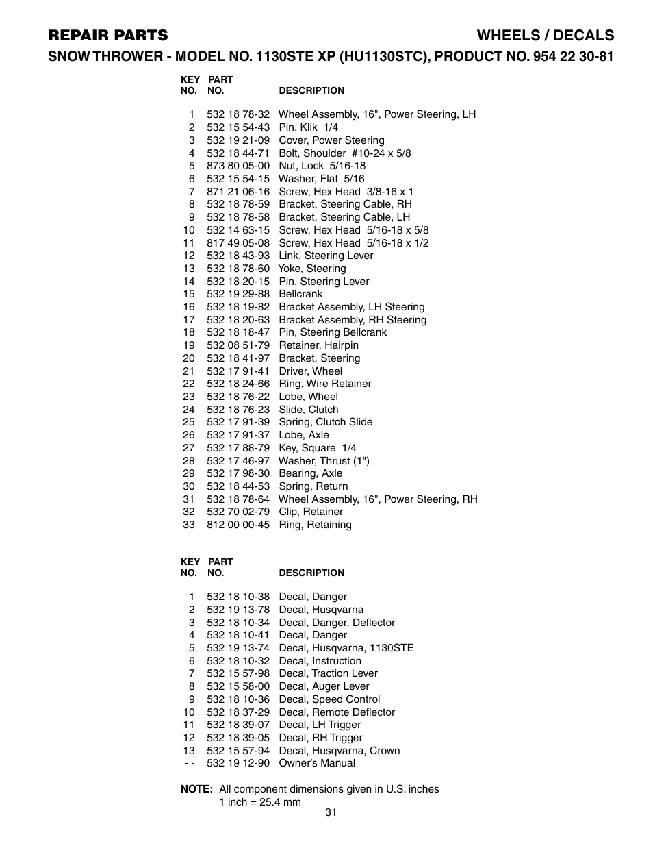 Parts list, Repair parts wheels / decals | Husqvarna 1130STE XP User Manual | Page 31 / 32