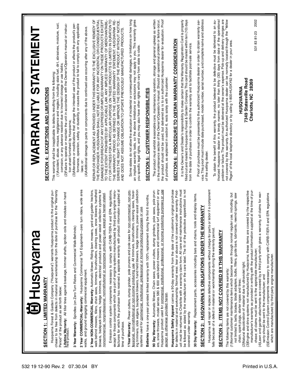Wa r ranty st a tement | Husqvarna 1130STE XP User Manual | Page 32 / 32