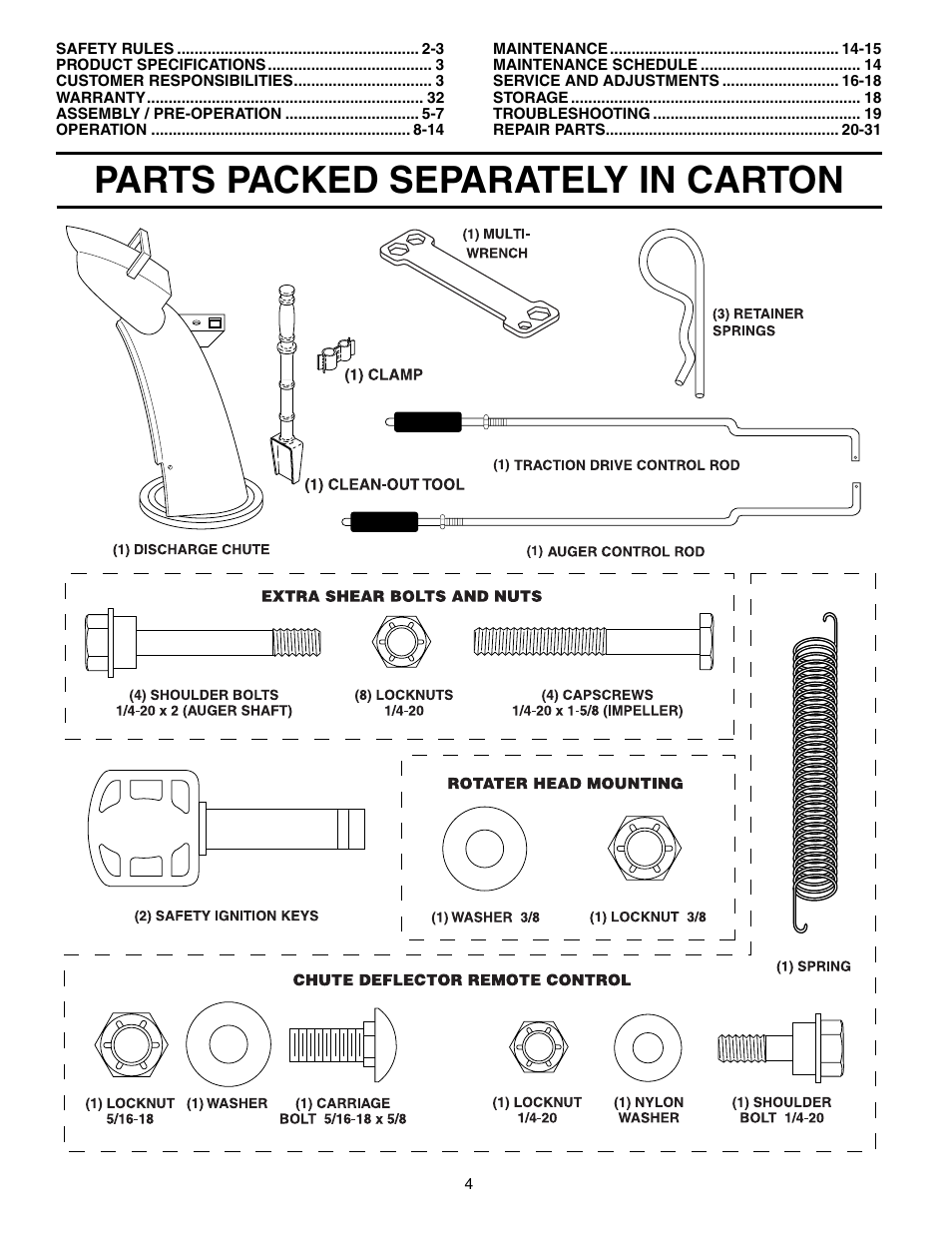 Unassembled parts, Parts packed separately in carton | Husqvarna 1130STE XP User Manual | Page 4 / 32