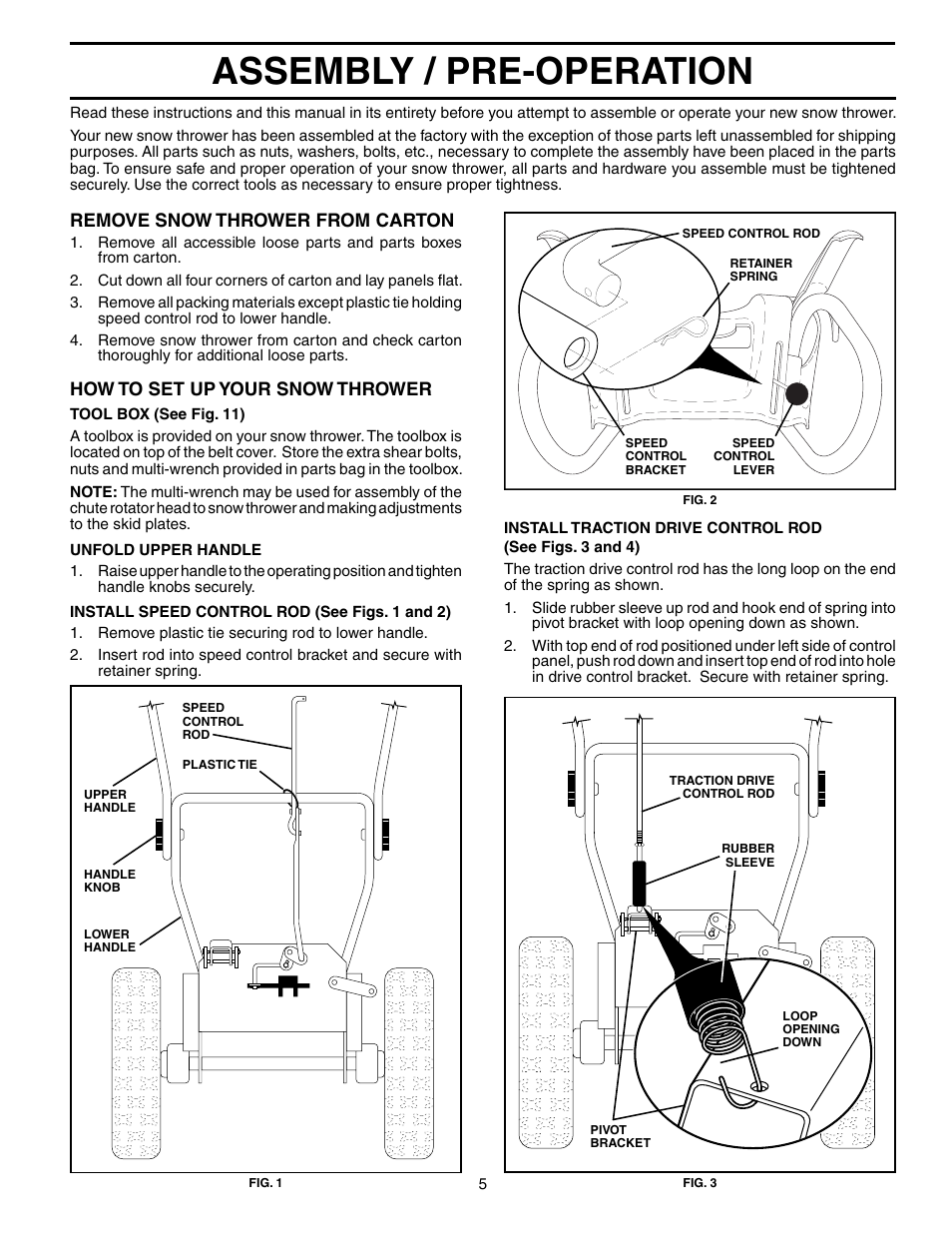 Assembly/ pre-operation, Assembly / pre-operation, Remove snow thrower from car ton | How to set up your snow thrower | Husqvarna 1130STE XP User Manual | Page 5 / 32