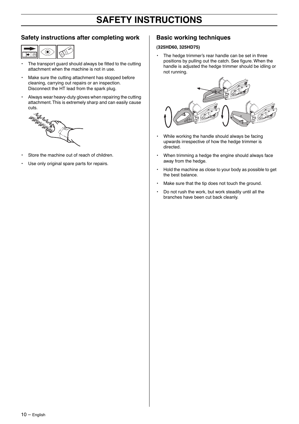 Safety instructions after completing work, Basic working techniques, Safety instructions | Husqvarna 325HD60 User Manual | Page 10 / 24