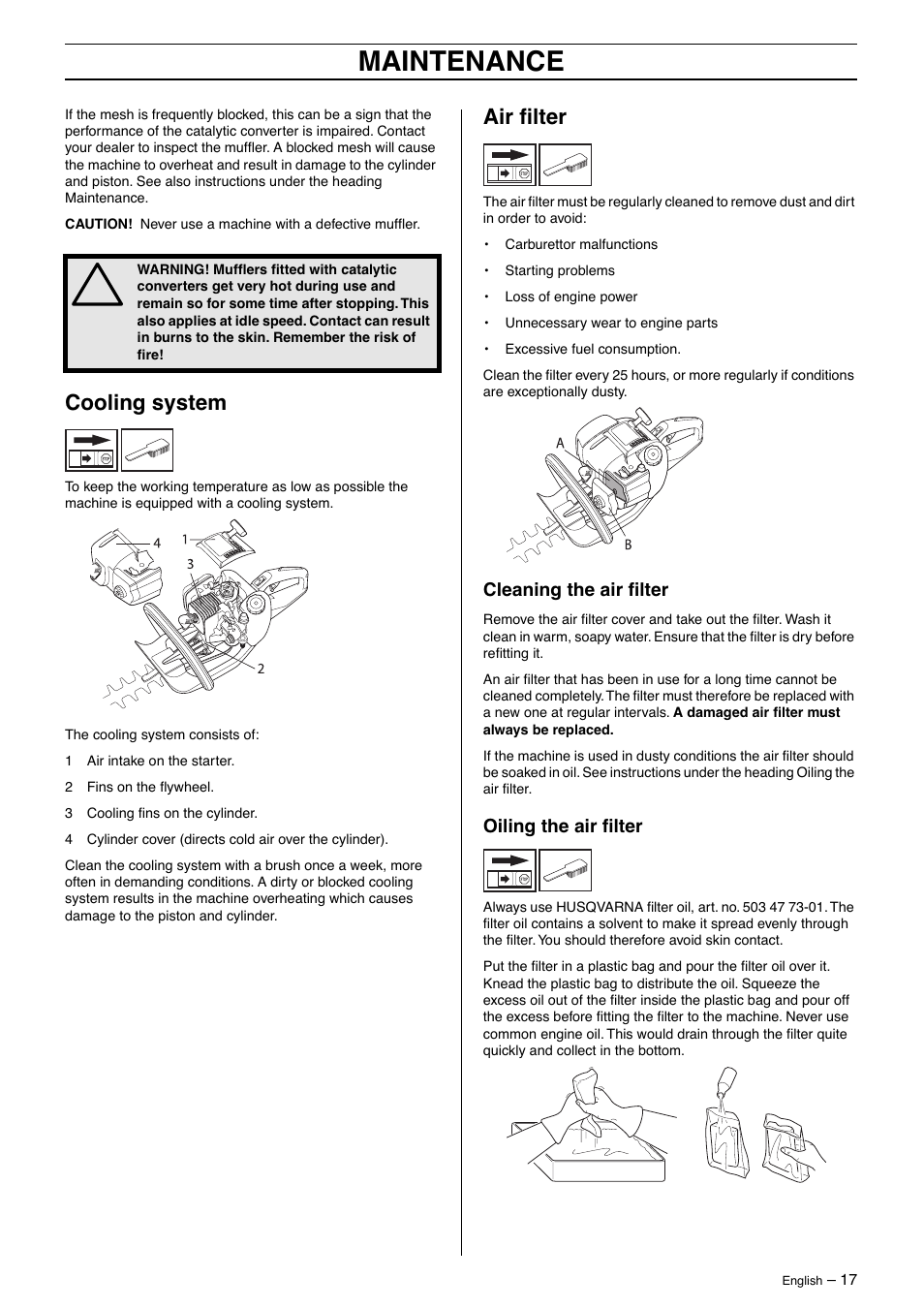 Cooling system, Air filter, Cleaning the air filter | Oiling the air filter, Maintenance, Air ﬁlter | Husqvarna 325HD60 User Manual | Page 17 / 24