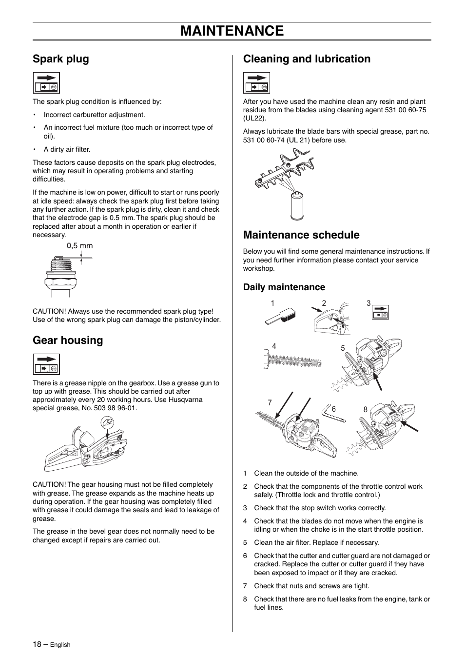 Spark plug, Gear housing, Cleaning and lubrication | Maintenance schedule, Daily maintenance, Maintenance | Husqvarna 325HD60 User Manual | Page 18 / 24