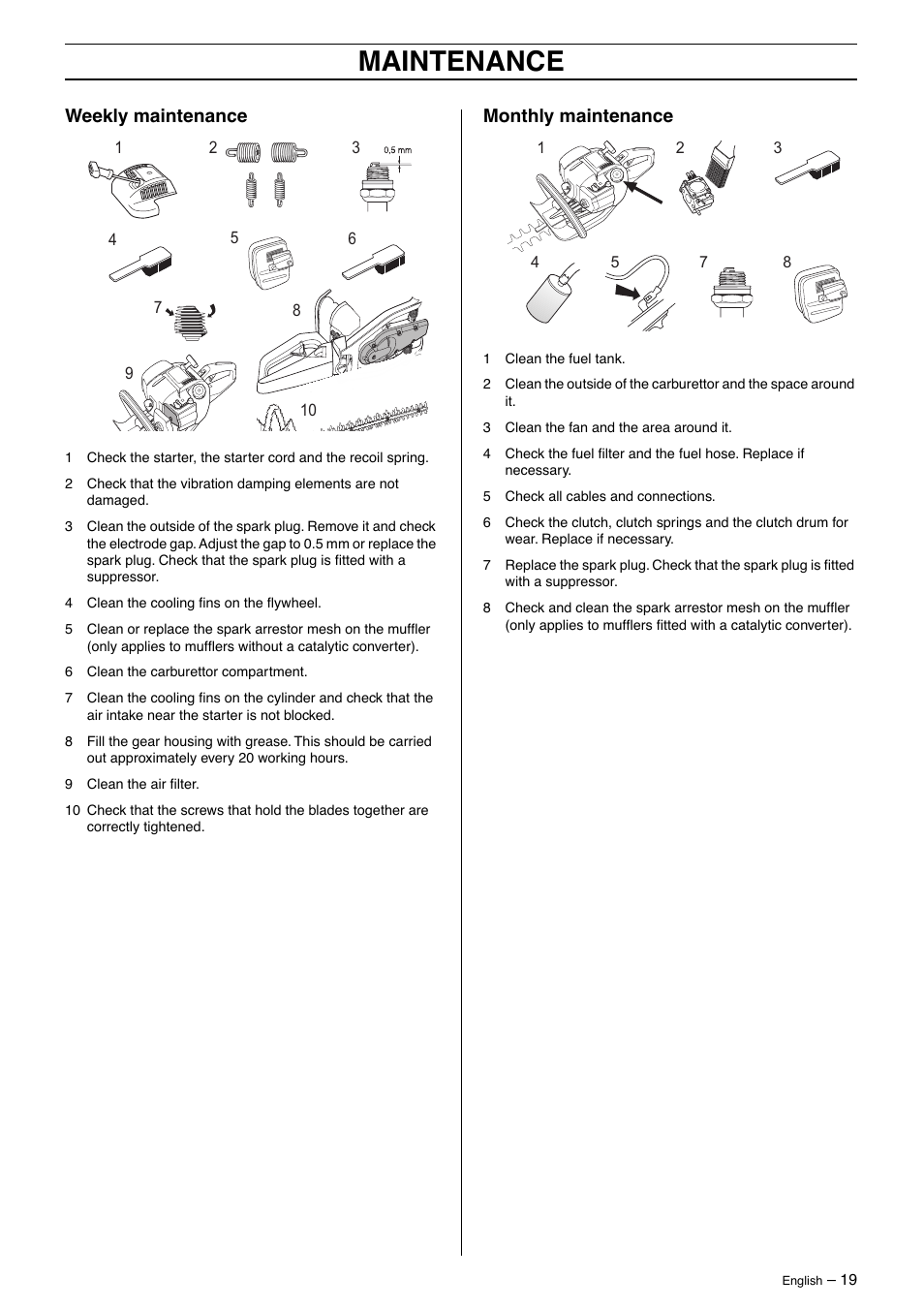 Weekly maintenance, Monthly maintenance, Maintenance | Husqvarna 325HD60 User Manual | Page 19 / 24