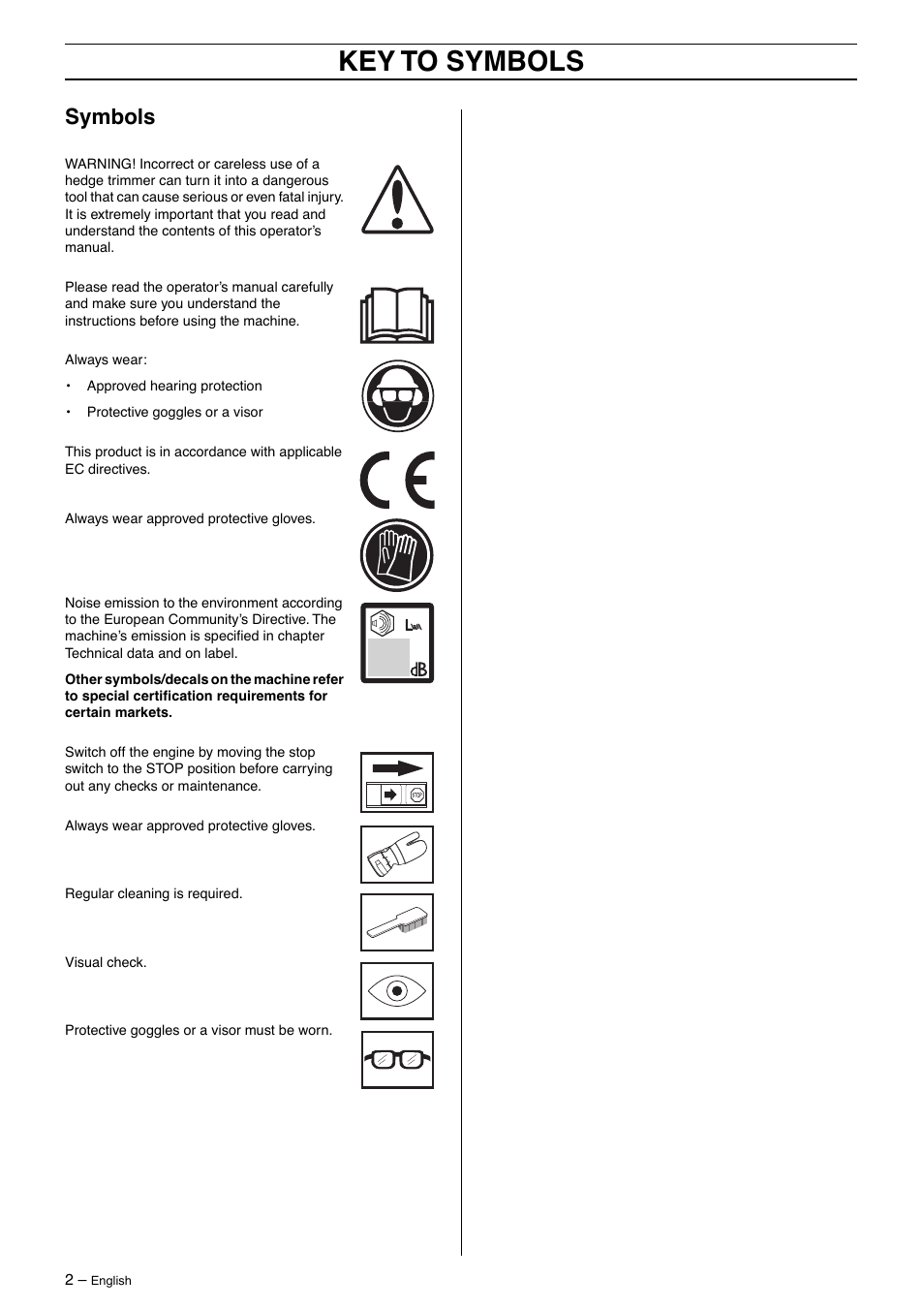 Symbols, Key to symbols | Husqvarna 325HD60 User Manual | Page 2 / 24