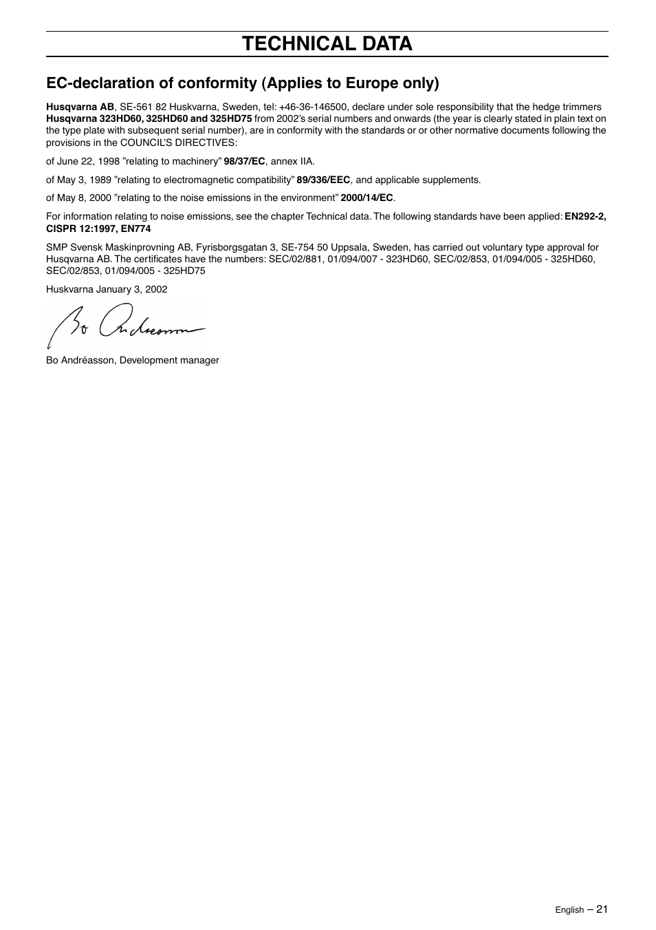 Technical data | Husqvarna 325HD60 User Manual | Page 21 / 24
