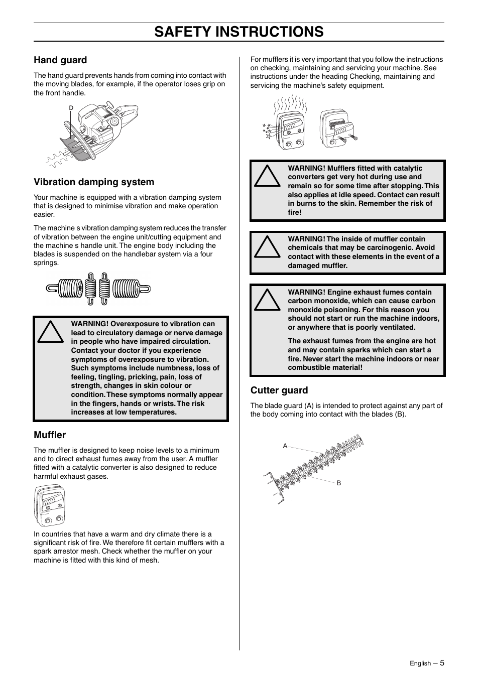 Hand guard, Vibration damping system, Muffler | Cutter guard, Safety instructions | Husqvarna 325HD60 User Manual | Page 5 / 24