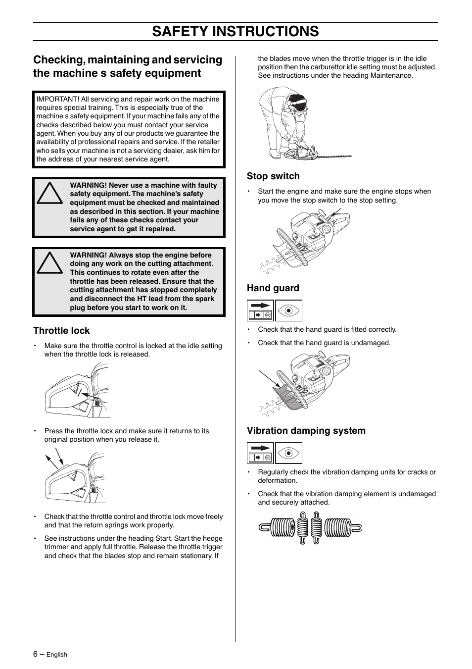 Throttle lock, Stop switch, Hand guard | Vibration damping system, Safety instructions | Husqvarna 325HD60 User Manual | Page 6 / 24