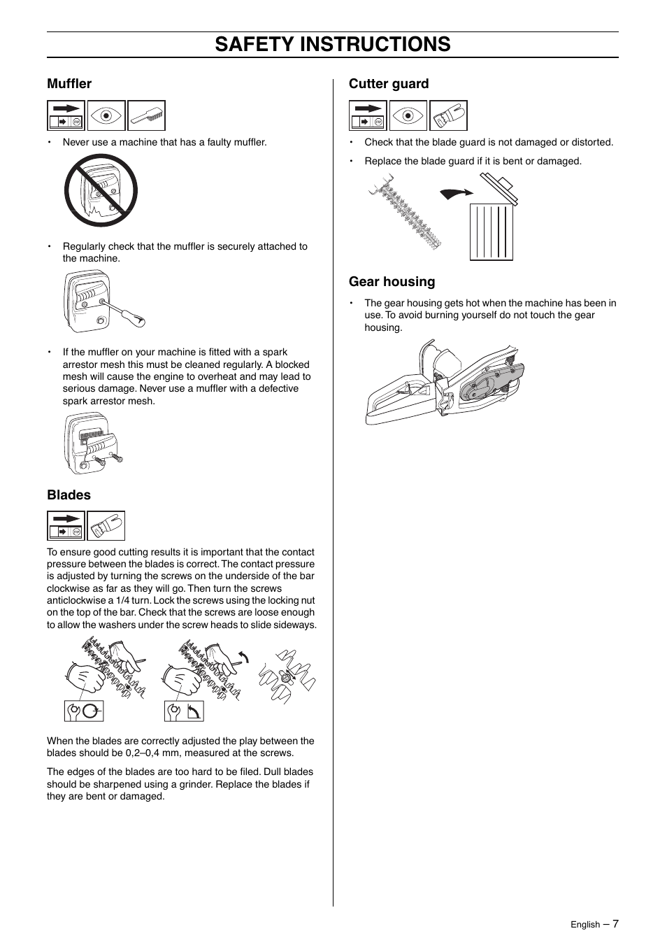 Muffler, Blades, Cutter guard | Gear housing, Safety instructions | Husqvarna 325HD60 User Manual | Page 7 / 24