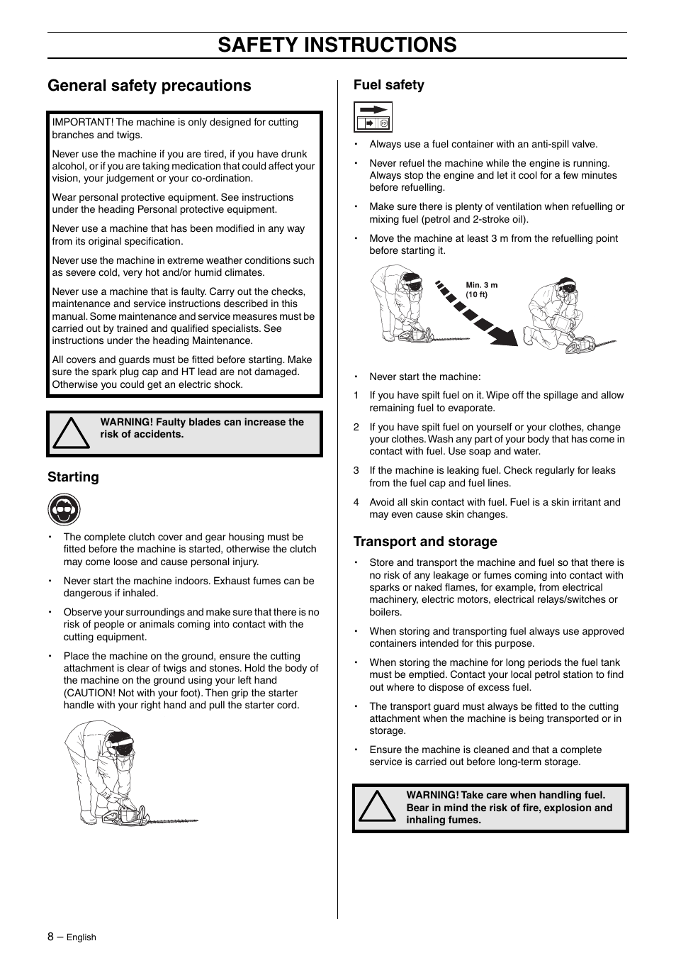 General safety precautions, Starting, Fuel safety | Transport and storage, Safety instructions | Husqvarna 325HD60 User Manual | Page 8 / 24