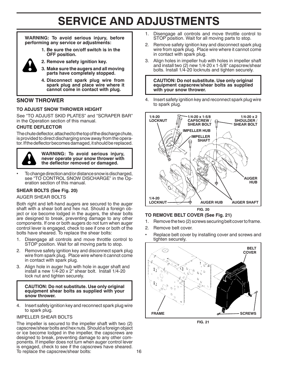 Service and adjustments, Snow thrower | Husqvarna 12527HV User Manual | Page 16 / 24