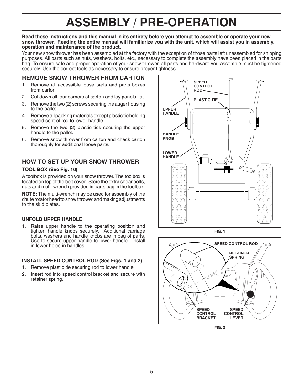 Assembly, Assembly / pre-operation, Remove snow thrower from car ton | How to set up your snow thrower | Husqvarna 12527HV User Manual | Page 5 / 24