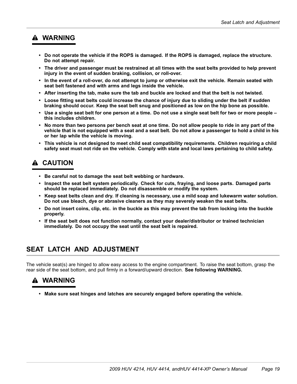 Seat latch and adjustment, Warning, Caution | Husqvarna HUV 4214 User Manual | Page 21 / 57