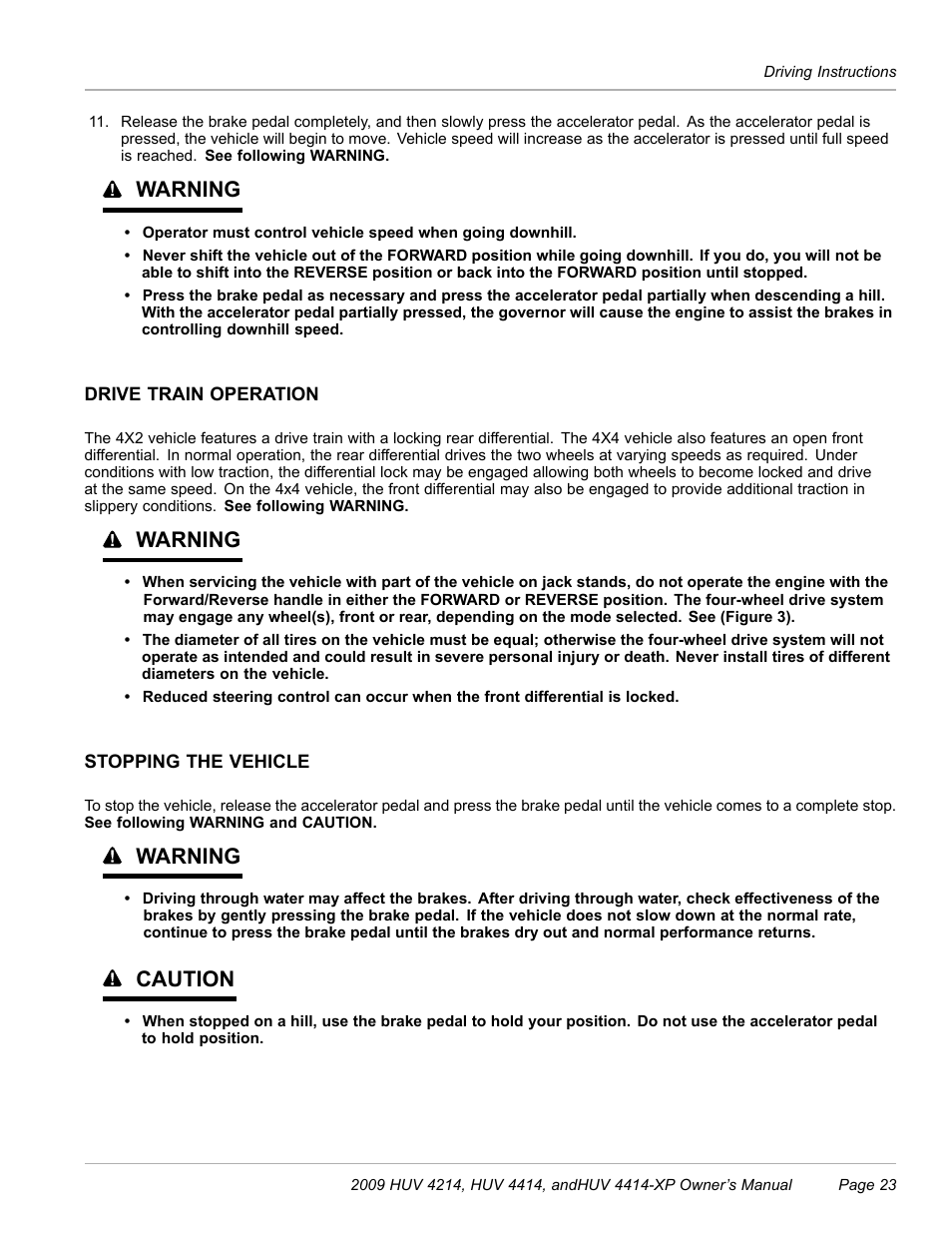 Drive train operation, Stopping the vehicle, Warning | Caution | Husqvarna HUV 4214 User Manual | Page 25 / 57