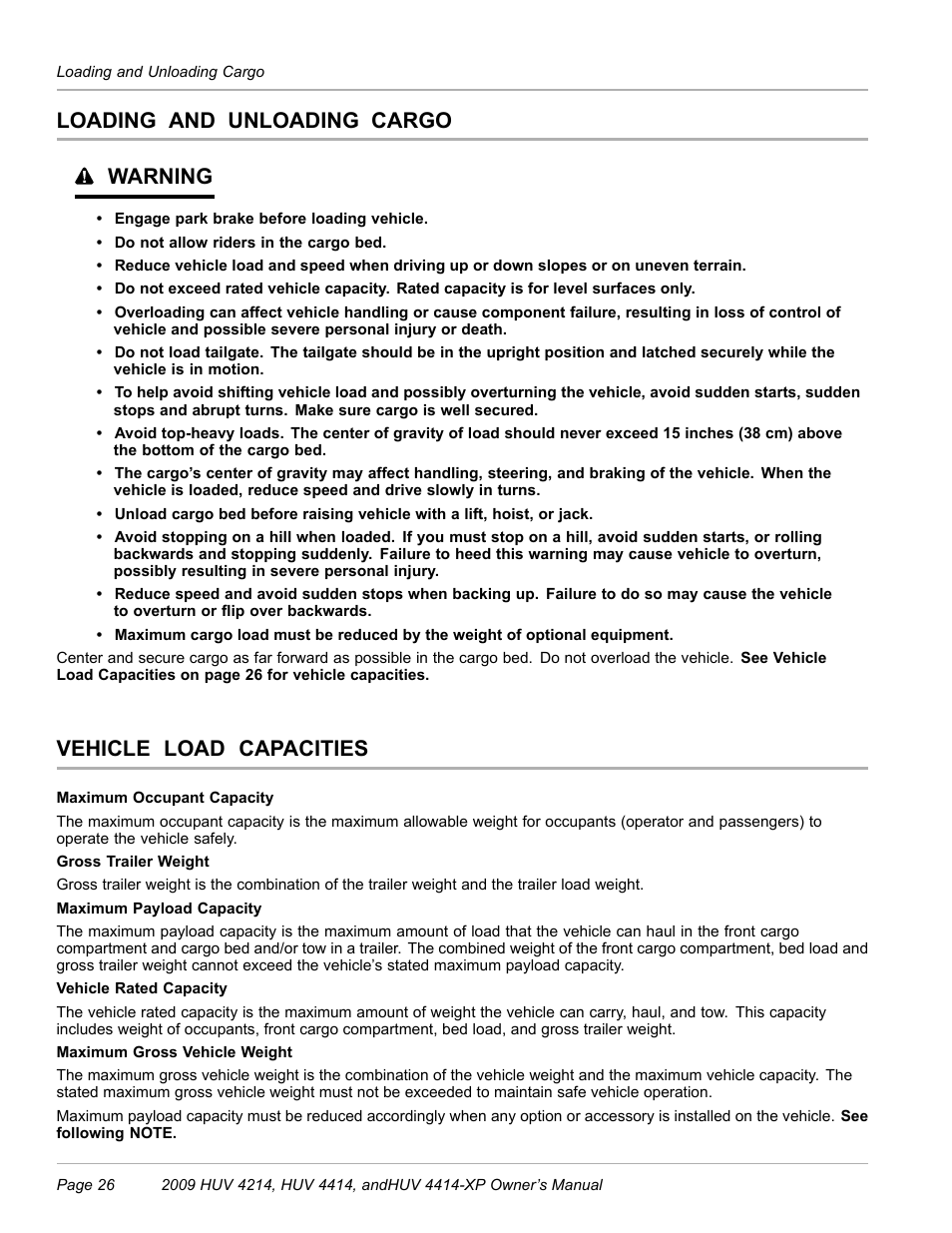 Loading and unloading cargo, Vehicle load capacities, Loading and unloading cargo warning | Husqvarna HUV 4214 User Manual | Page 28 / 57