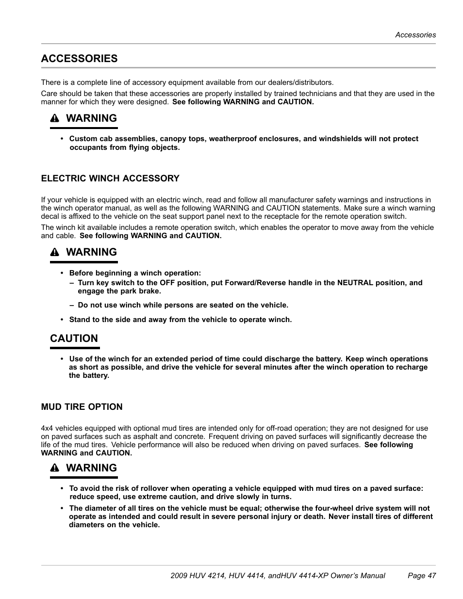 Accessories, Electric winch accessory, Mud tire option | Warning, Caution | Husqvarna HUV 4214 User Manual | Page 49 / 57