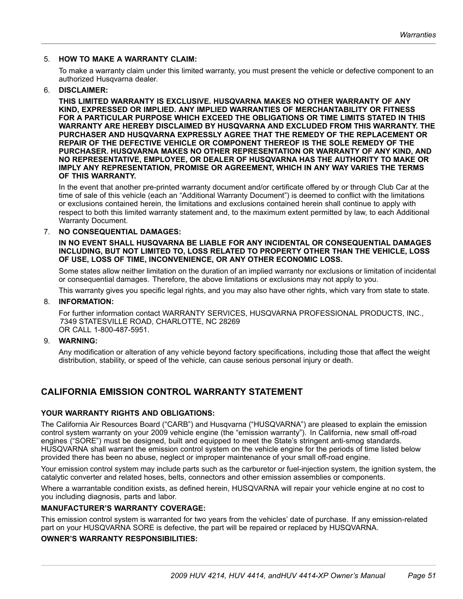 California emission control warranty statement | Husqvarna HUV 4214 User Manual | Page 53 / 57