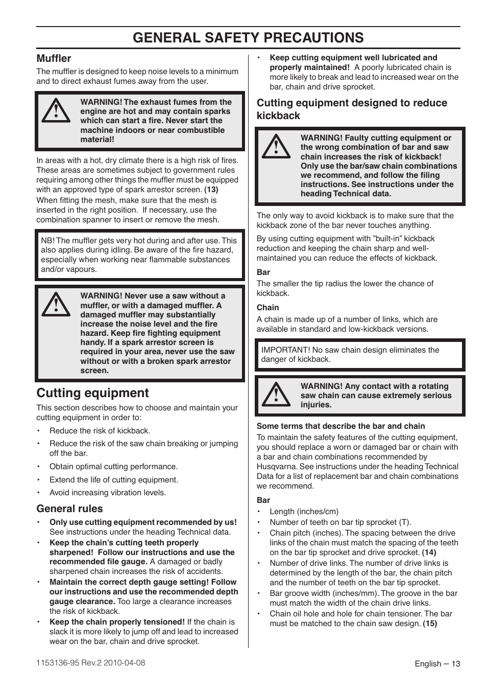 Muffler, Cutting equipment, General rules | Cutting equipment designed to reduce kickback, General safety precautions | Husqvarna 1153136-95 User Manual | Page 13 / 36