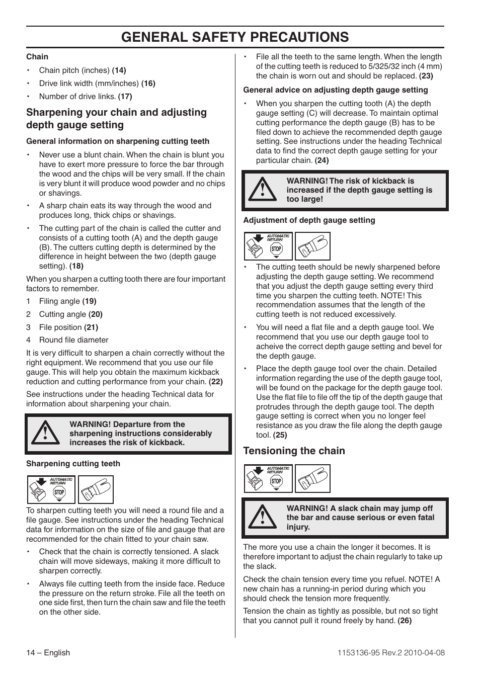 Tensioning the chain, General safety precautions | Husqvarna 1153136-95 User Manual | Page 14 / 36