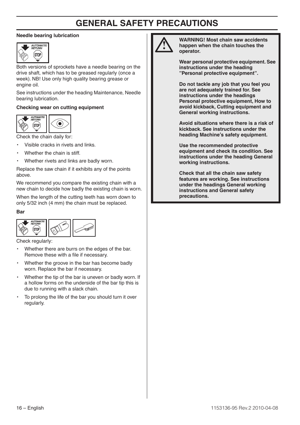 General safety precautions | Husqvarna 1153136-95 User Manual | Page 16 / 36