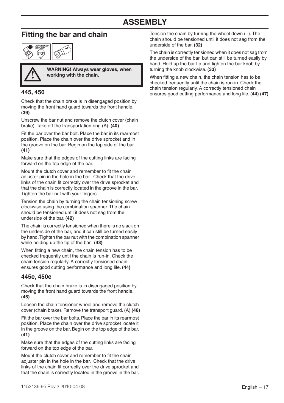 Fitting the bar and chain, 445e, 450e, Assembly | Husqvarna 1153136-95 User Manual | Page 17 / 36