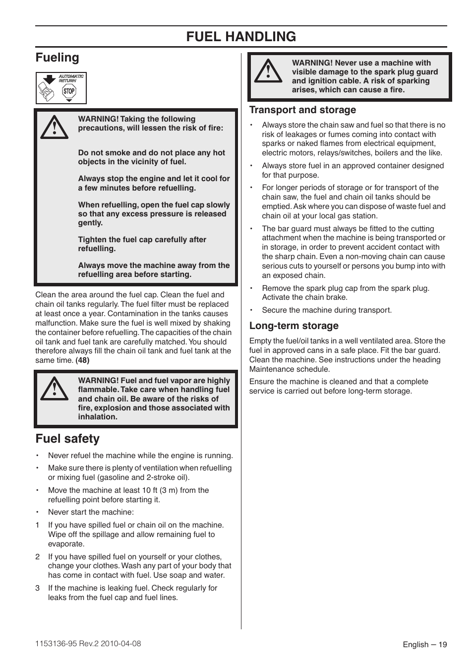 Fueling, Fuel safety, Transport and storage | Long-term storage, Fuel handling | Husqvarna 1153136-95 User Manual | Page 19 / 36