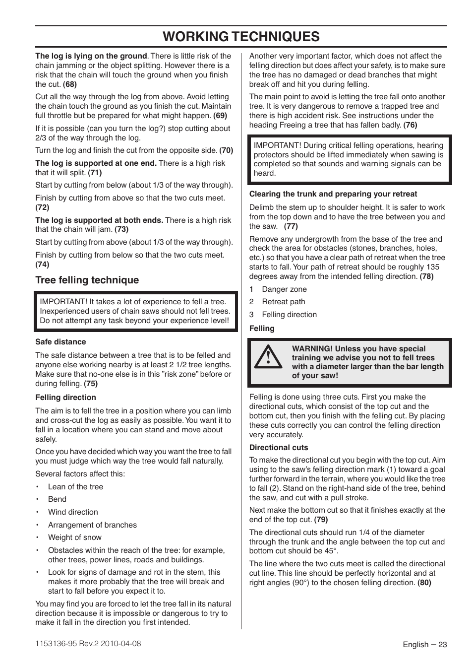 Tree felling technique, Working techniques | Husqvarna 1153136-95 User Manual | Page 23 / 36