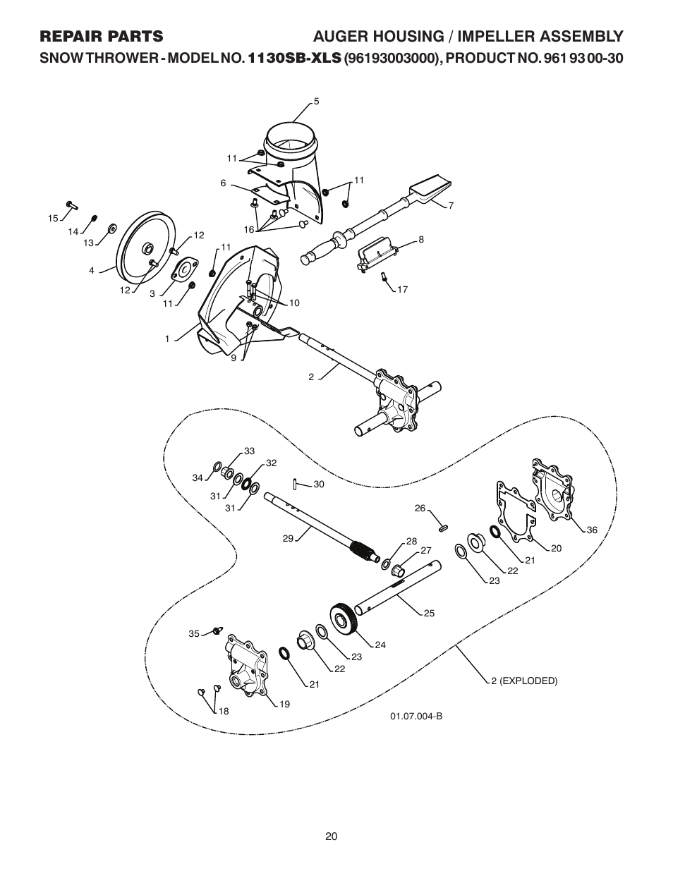 Repair parts, Auger gearbox / impeller assembly, Repair parts auger housing / impeller assembly | Husqvarna 1130SB-XLS User Manual | Page 20 / 40