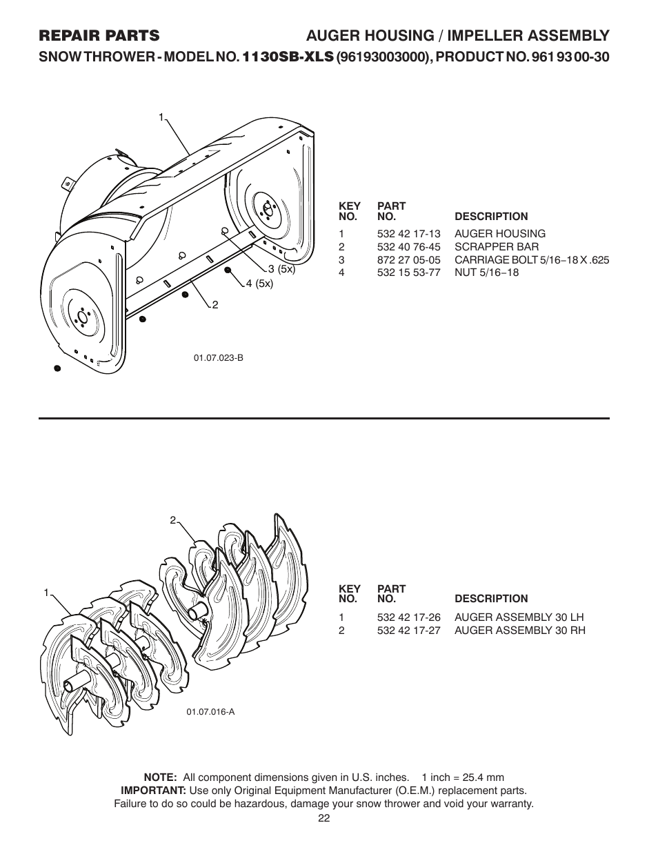 Auger / impeller housing, Augers, Repair parts auger housing / impeller assembly | Husqvarna 1130SB-XLS User Manual | Page 22 / 40
