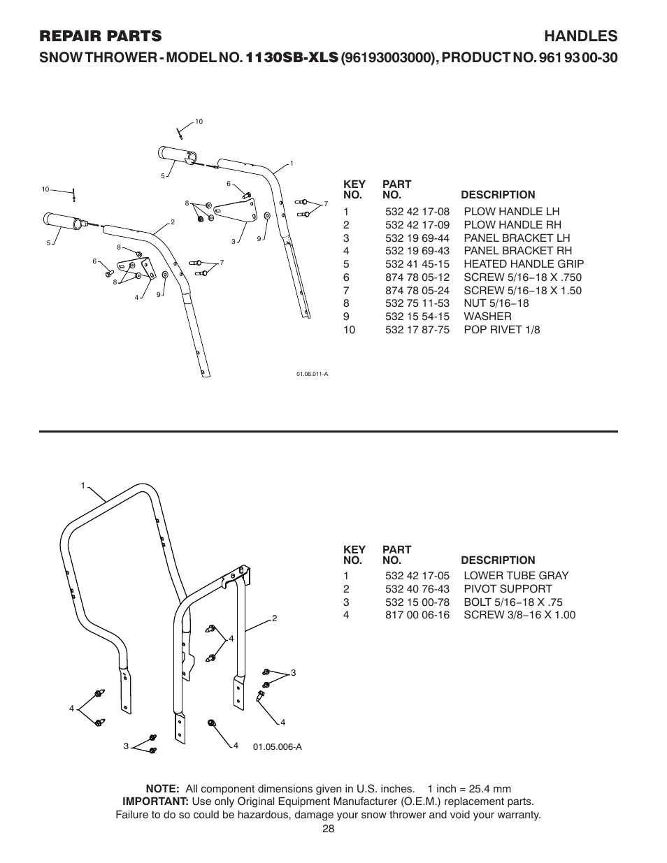 Handles / handle support, Repair parts handles | Husqvarna 1130SB-XLS User Manual | Page 28 / 40