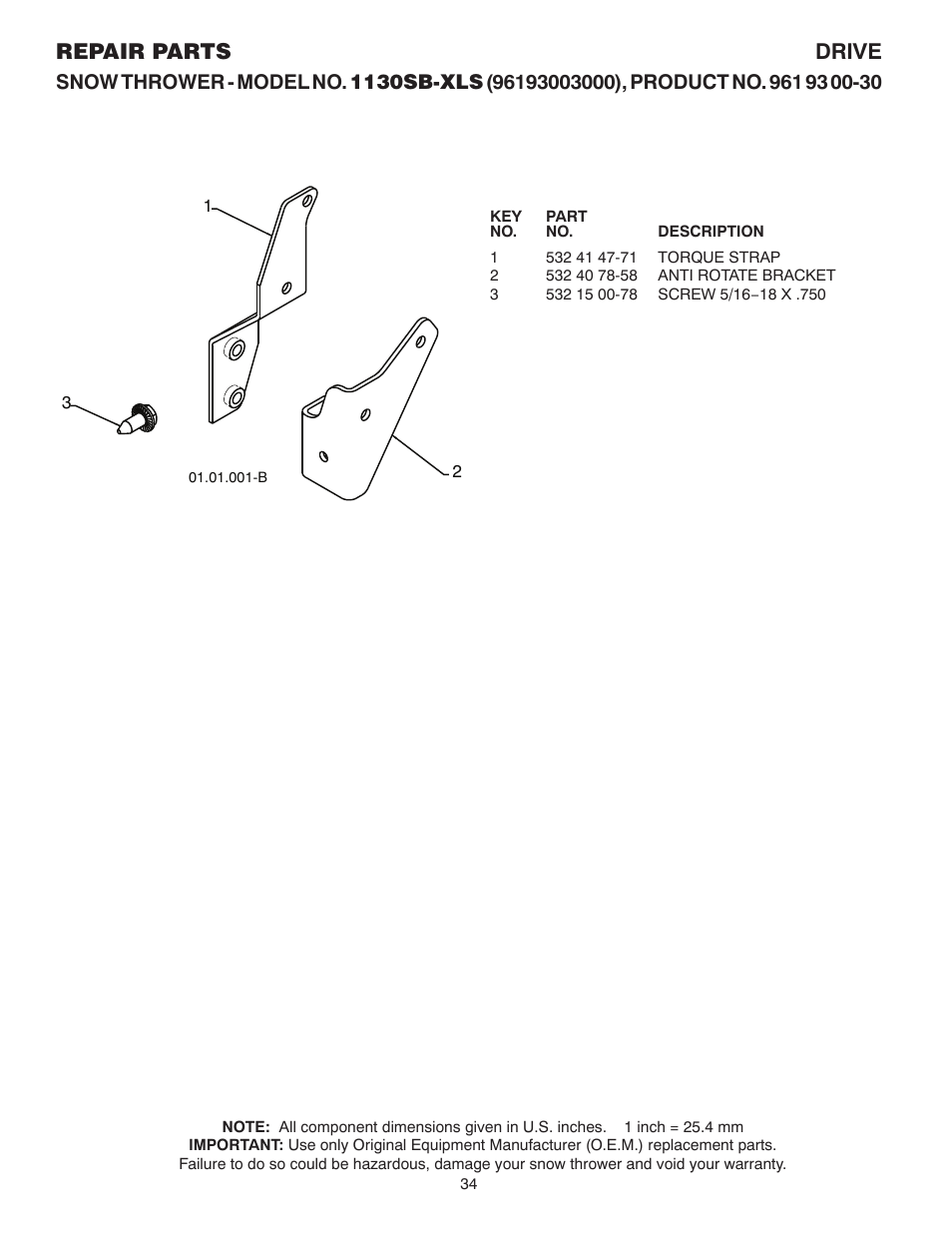 Torque strap, Repair parts drive | Husqvarna 1130SB-XLS User Manual | Page 34 / 40