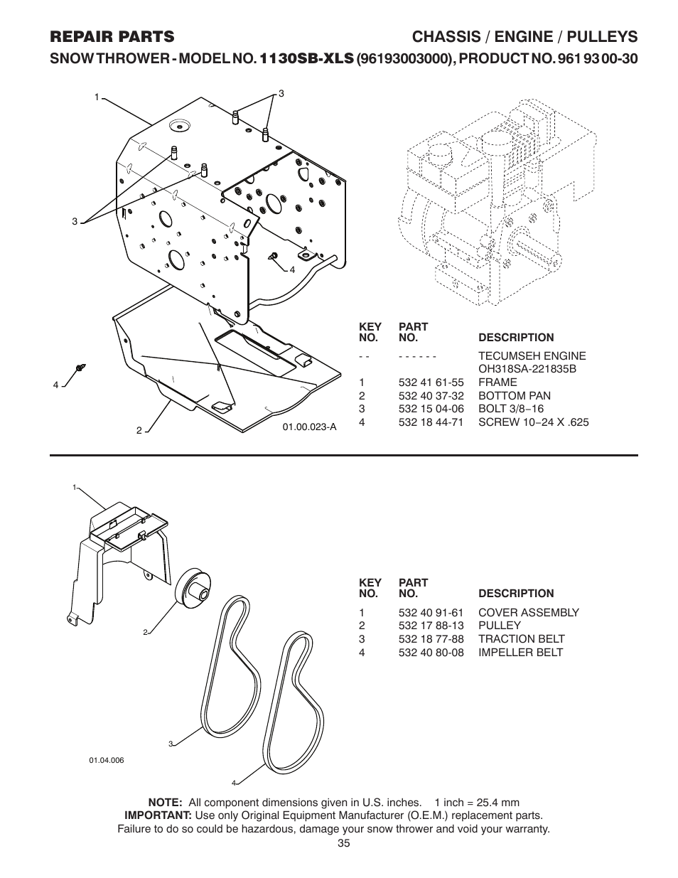 Frame / belts, Repair parts chassis / engine / pulleys | Husqvarna 1130SB-XLS User Manual | Page 35 / 40