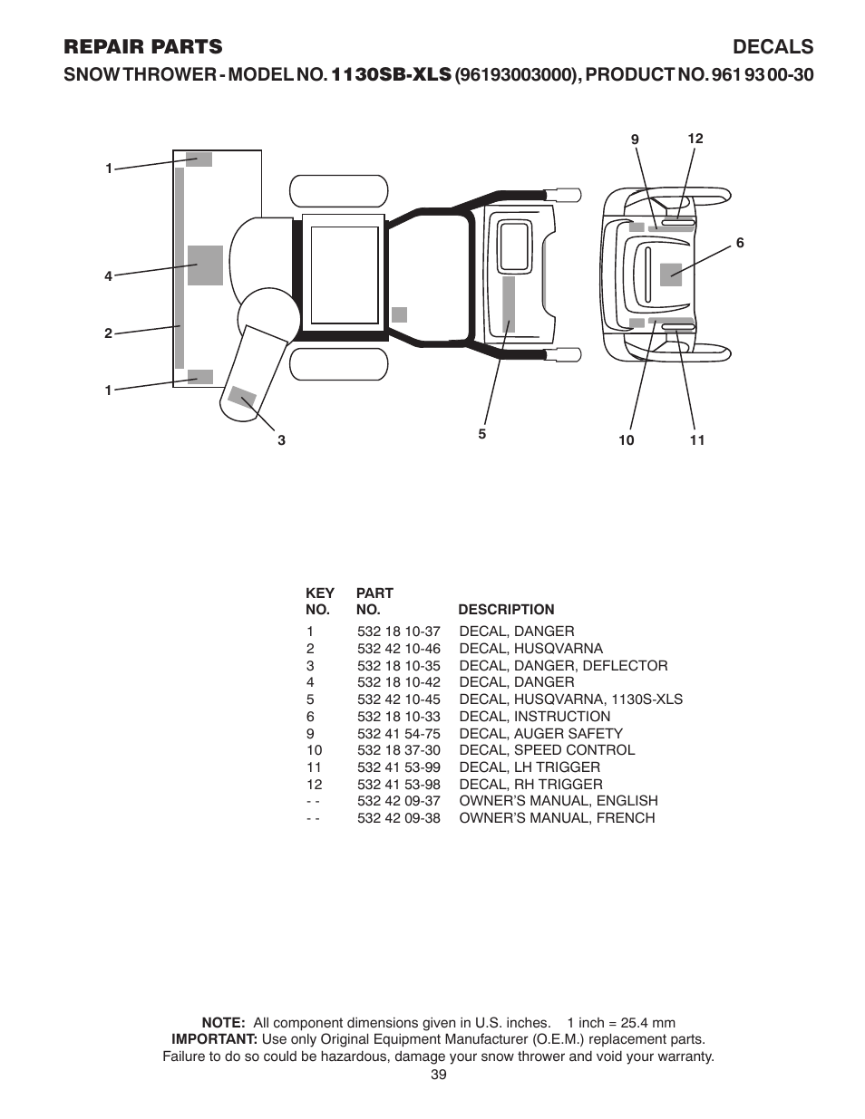 Decals, Repair parts decals | Husqvarna 1130SB-XLS User Manual | Page 39 / 40