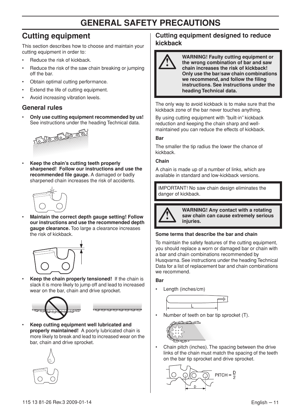 Cutting equipment, General rules, Cutting equipment designed to reduce kickback | General safety precautions | Husqvarna 450e User Manual | Page 11 / 44