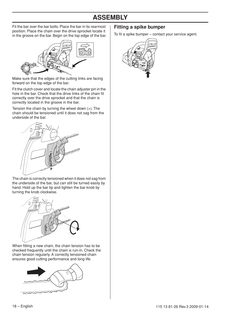 Fitting a spike bumper, Assembly | Husqvarna 450e User Manual | Page 18 / 44